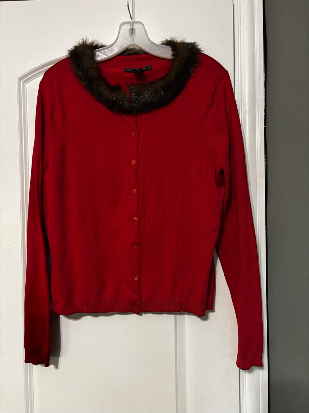 August Silk Red Silk Cardigan with Faux Fur Collar – XL